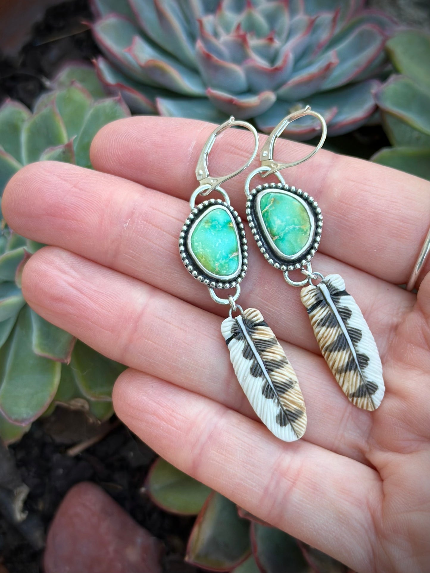 Emerald Valley Turquoise + Owl Feather Earrings