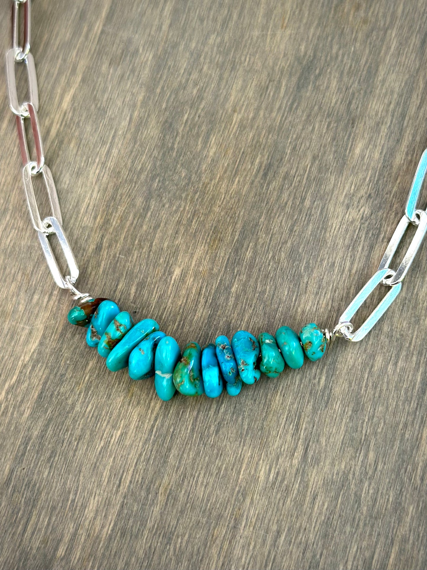 Heavy Sierra Nevada Turquoise Bead Paperclip Necklace in Deep Blue