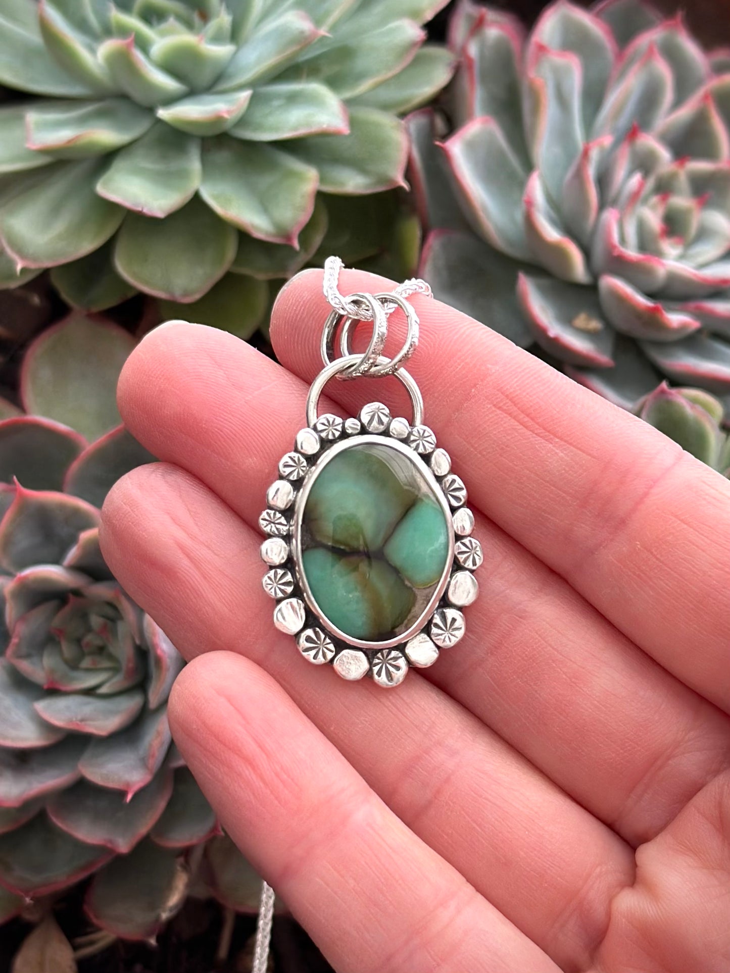 Polychrome Desert Bloom Variscite Pendant with Hammered Granulation