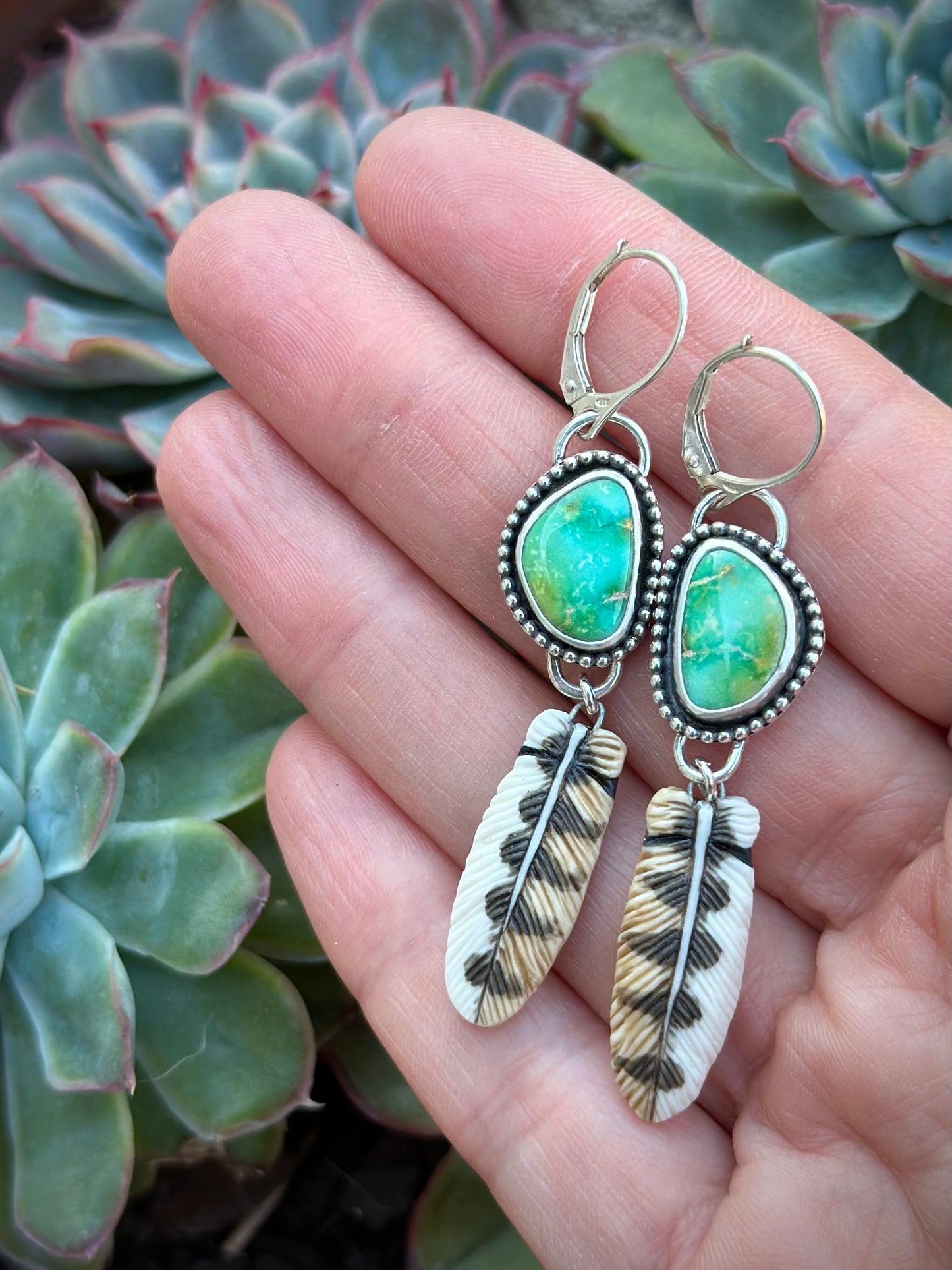 Emerald Valley Turquoise + Owl Feather Earrings