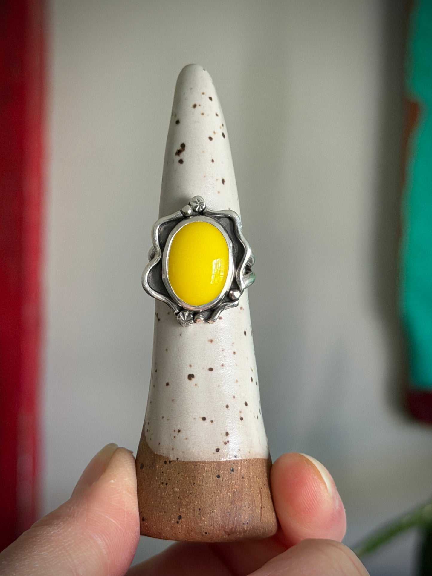 Yellow Rosarita Slag Glass Ring Gothic Vibes in size 6.75