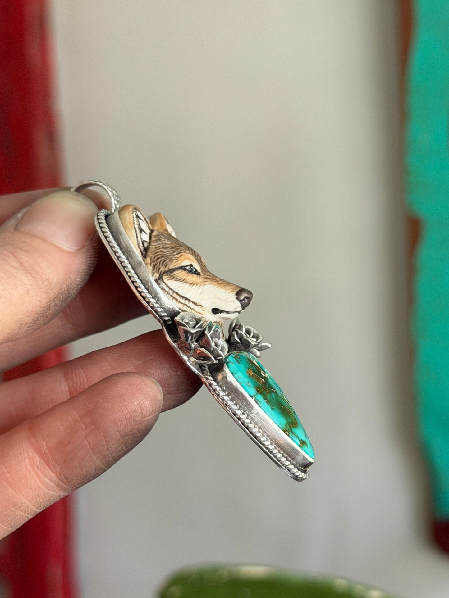 High Grade Royston Turquoise Laura Mears Wolf Pendant with Succulents