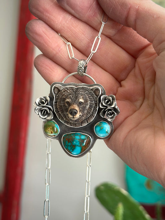 Natural Thunderbird Turquoise, Pilot Mountain Turquoise + Laura Mears Bear Face Pendant with Succulents