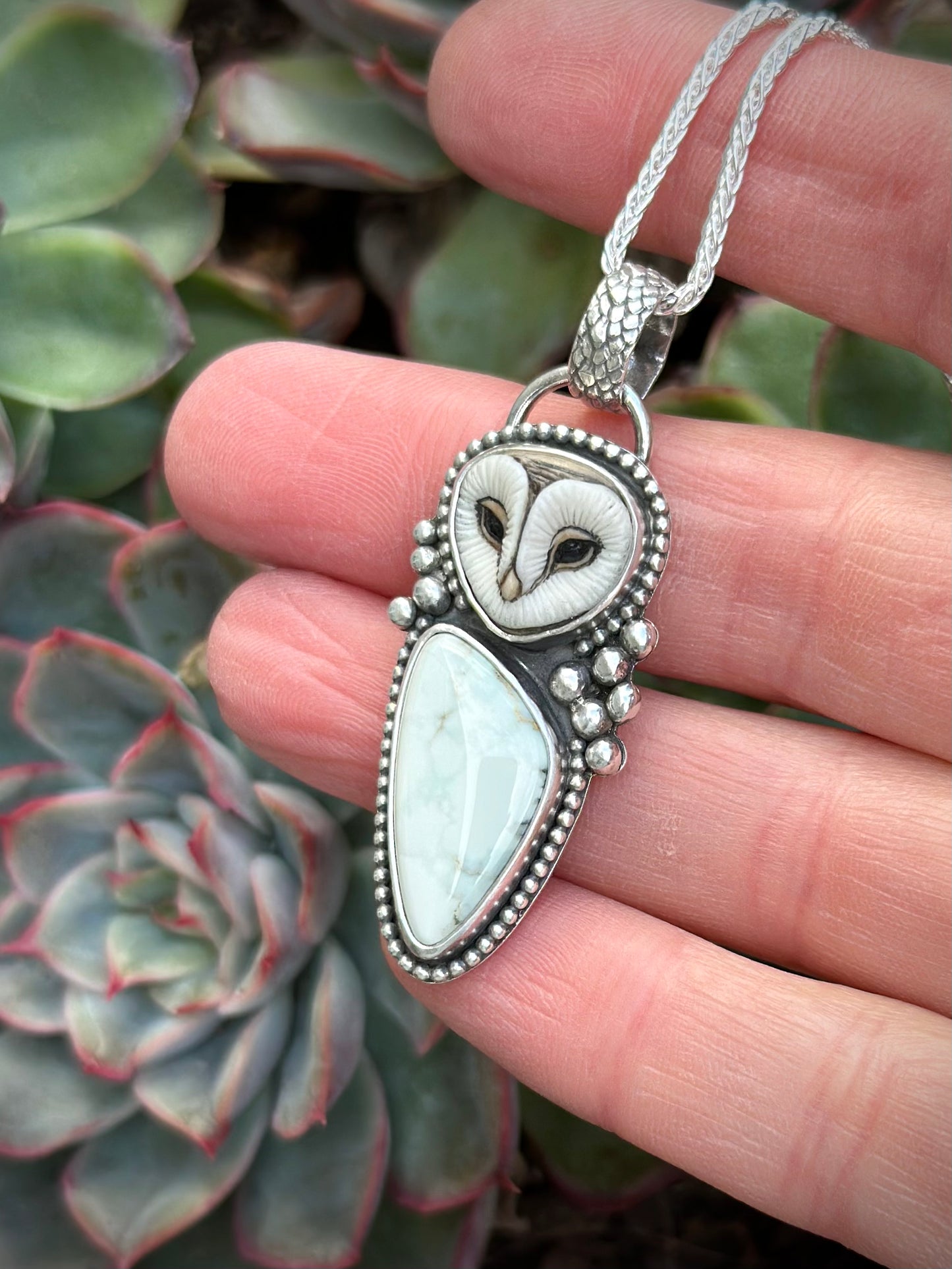 Emerald Basin Variscite + Laura Mears Owl Face Pendant