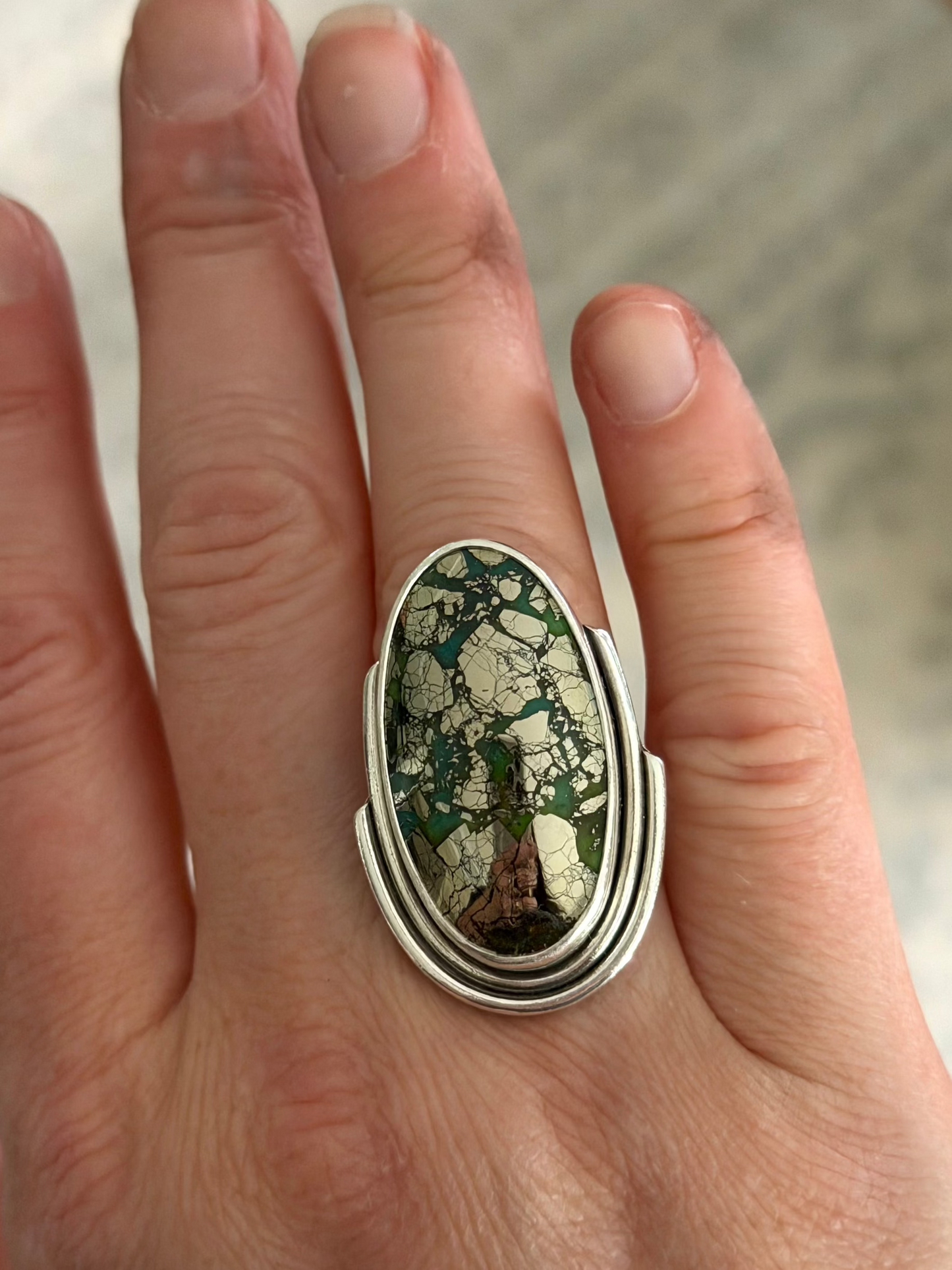 Big Morenci 2 Turquoise Art Deco Ring in Green and Blue with Golden Pyrite size 7.5