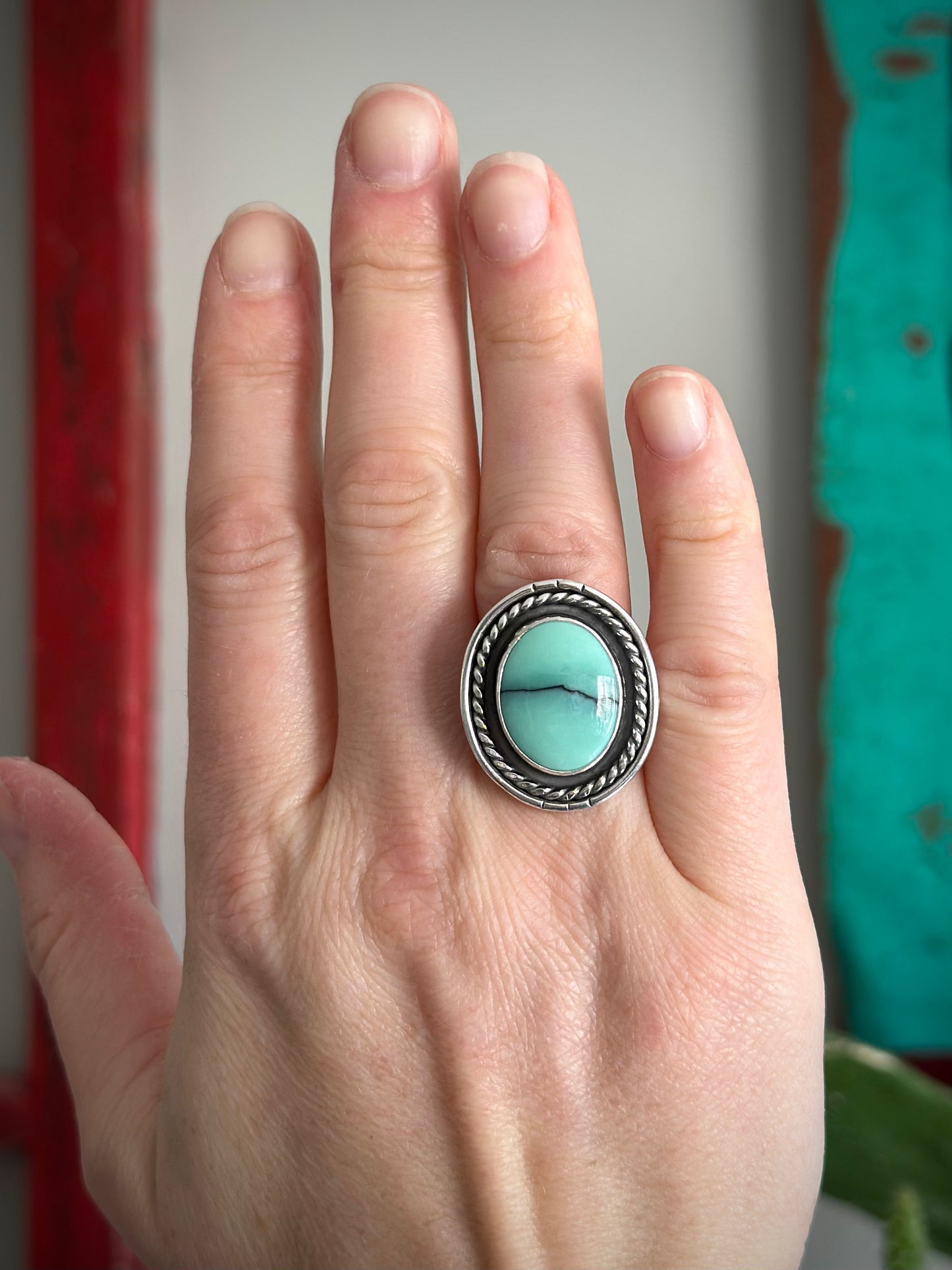 Minty Desert Bloom Variscite Twist Shadowbox Ring in size 7