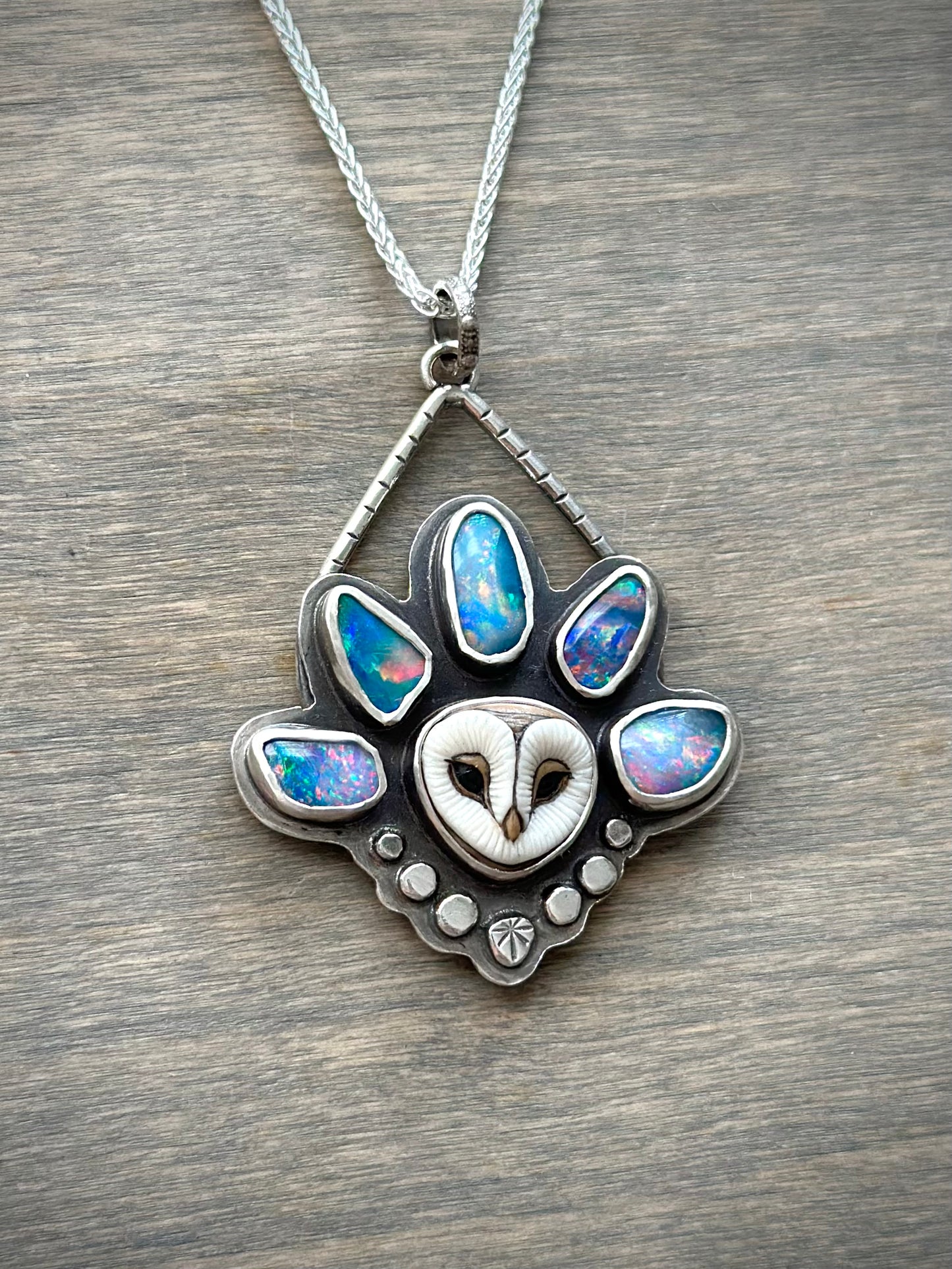 Opal Crowned Athena Laura Mears Owl Pendant in Purple + Blue