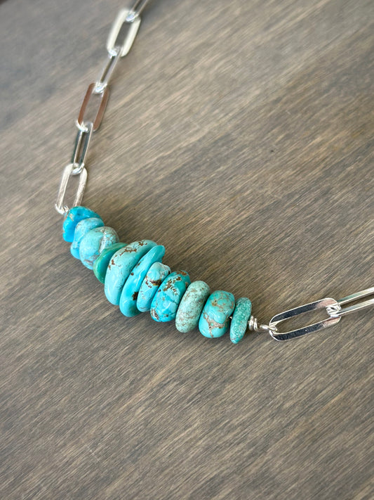 Heavy Sierra Nevada Turquoise Bead Paperclip Necklace in Pale Blue