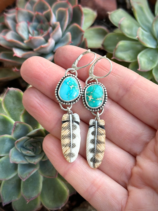 Fox Turquoise + Owl Feather Earrings