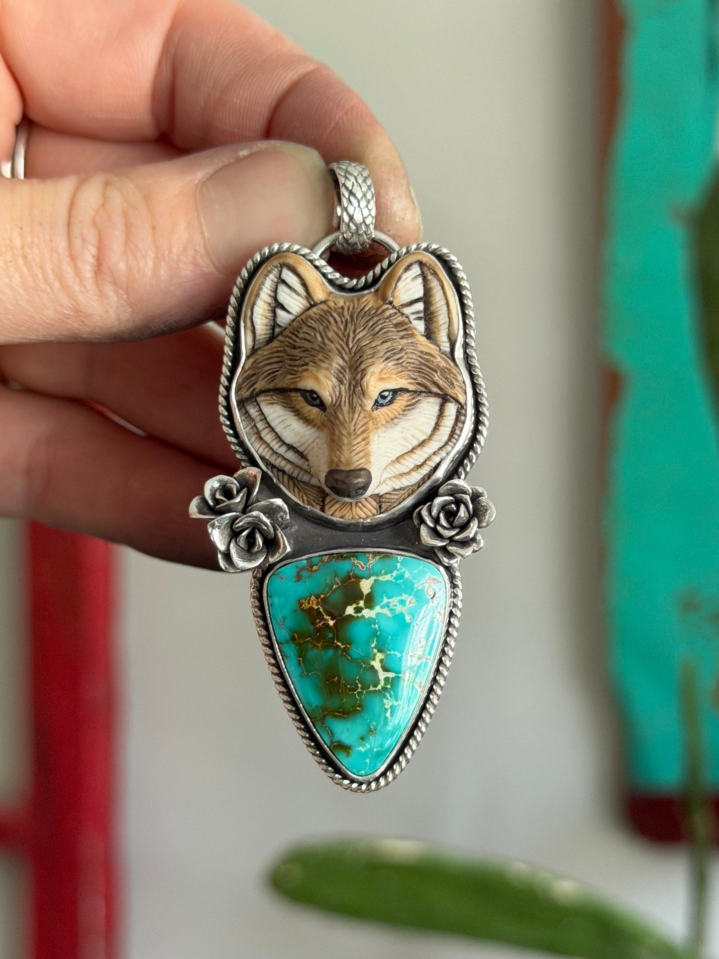 High Grade Royston Turquoise Laura Mears Wolf Pendant with Succulents