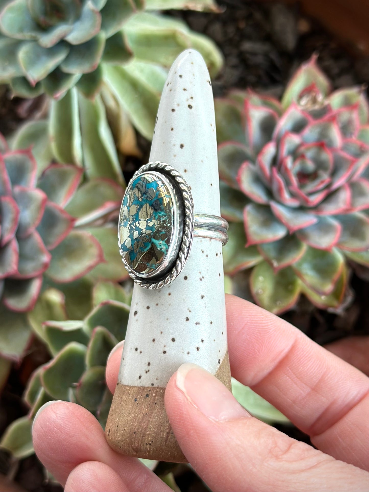 Morenci 2 Turquoise Twist Pyrite Loaded Ring in size 7