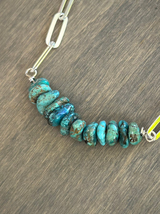 Heavy Sierra Nevada Turquoise Bead Paperclip Necklace in Denim Blue