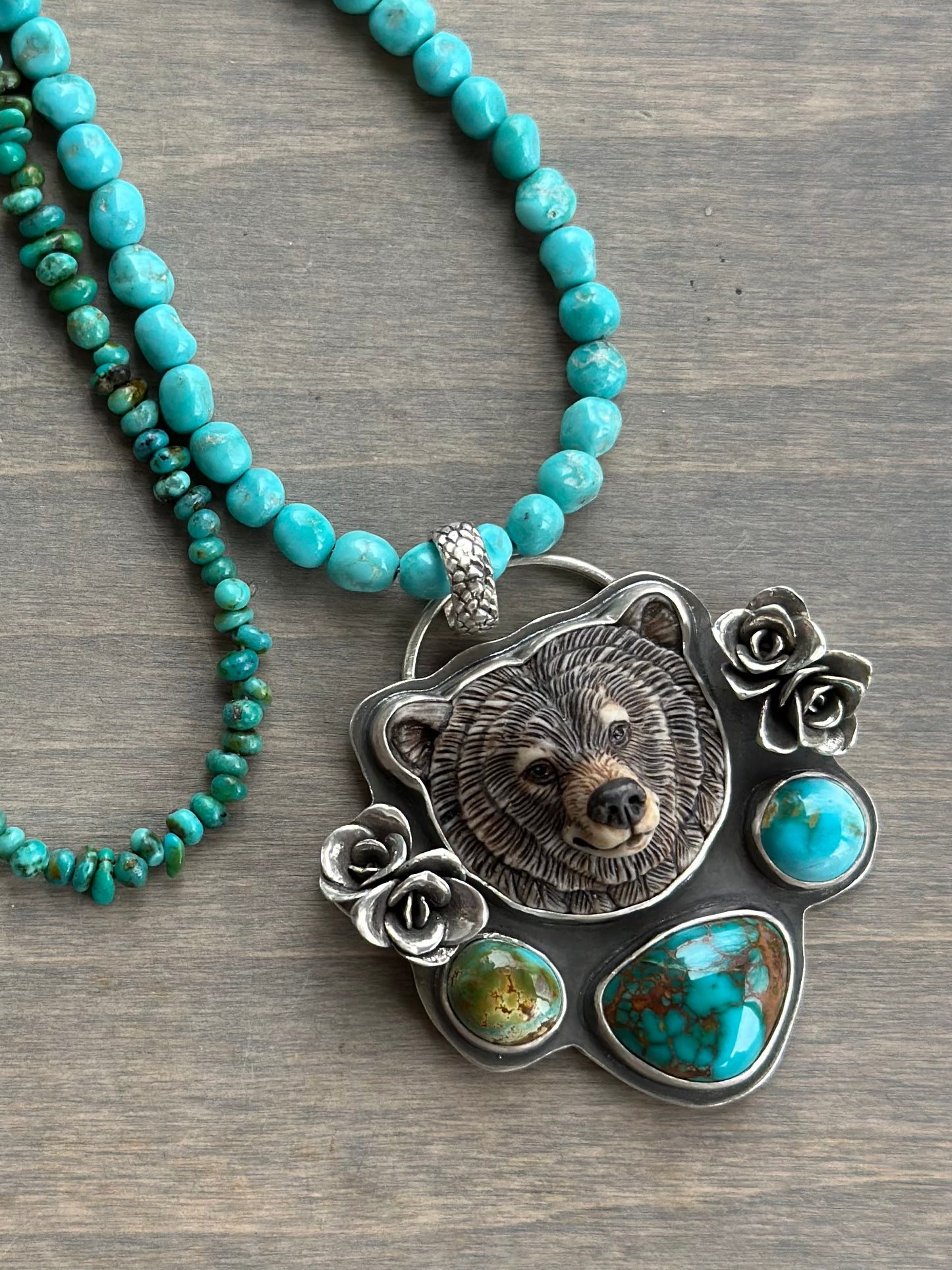 Natural Thunderbird Turquoise, Pilot Mountain Turquoise + Laura Mears Bear Face Pendant with Succulents