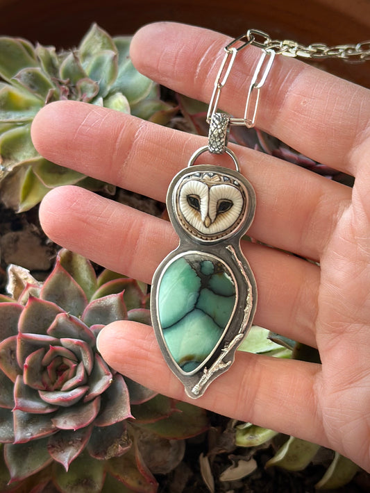 Desert Bloom Variscite + Laura Mears Owl Face Pendant