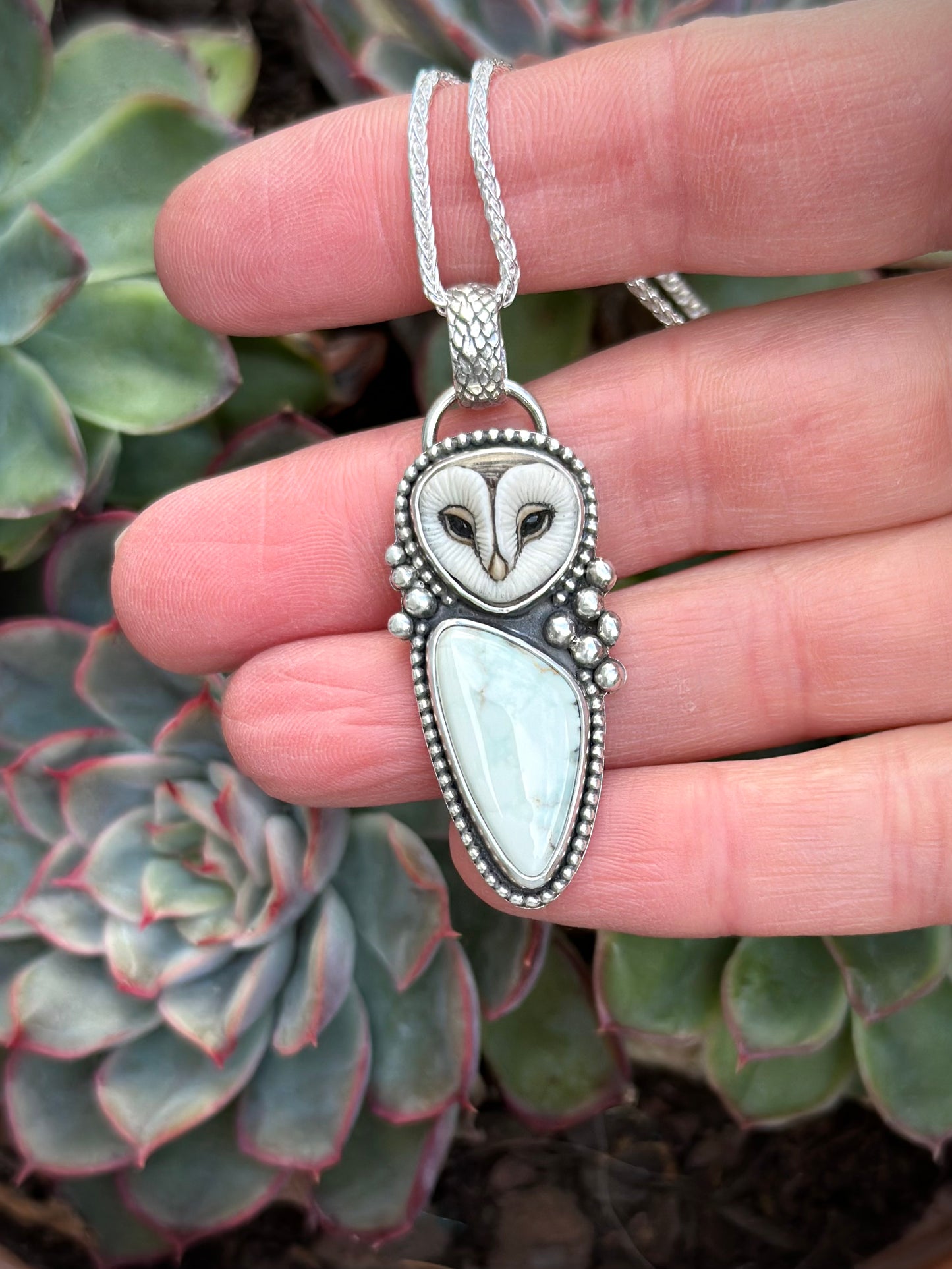 Emerald Basin Variscite + Laura Mears Owl Face Pendant