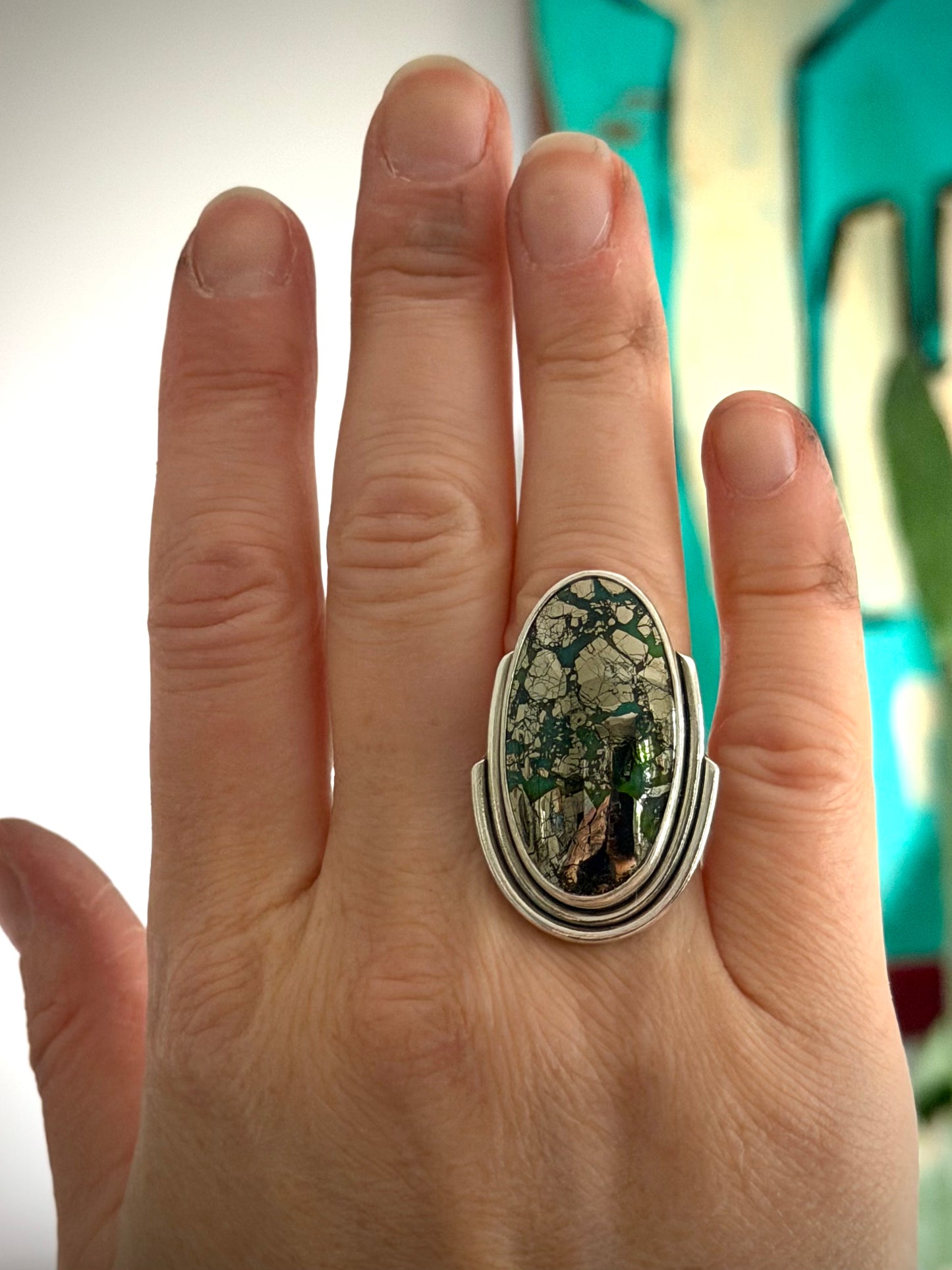 Big Morenci 2 Turquoise Art Deco Ring in Green and Blue with Golden Pyrite size 7.5