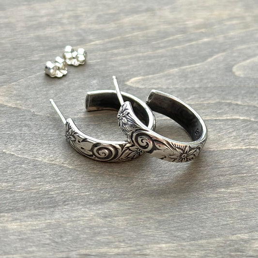 Hoop Stud Earrings in Sterling Silver with Spirals and Floral Design