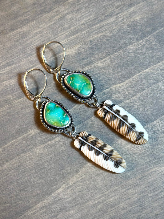 Emerald Valley Turquoise + Owl Feather Earrings