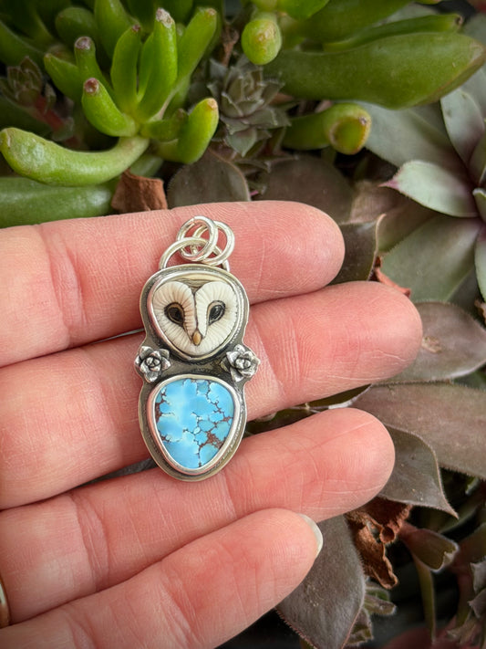 Laura Mears Owl Face High Grade Golden Hills Turquoise Pendant with Succulents
