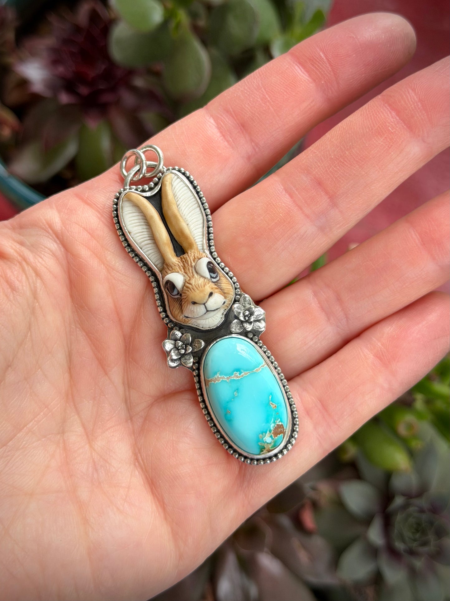 Laura Mears Rabbit Hare Pale Royston Turquoise Pendant with Succulents