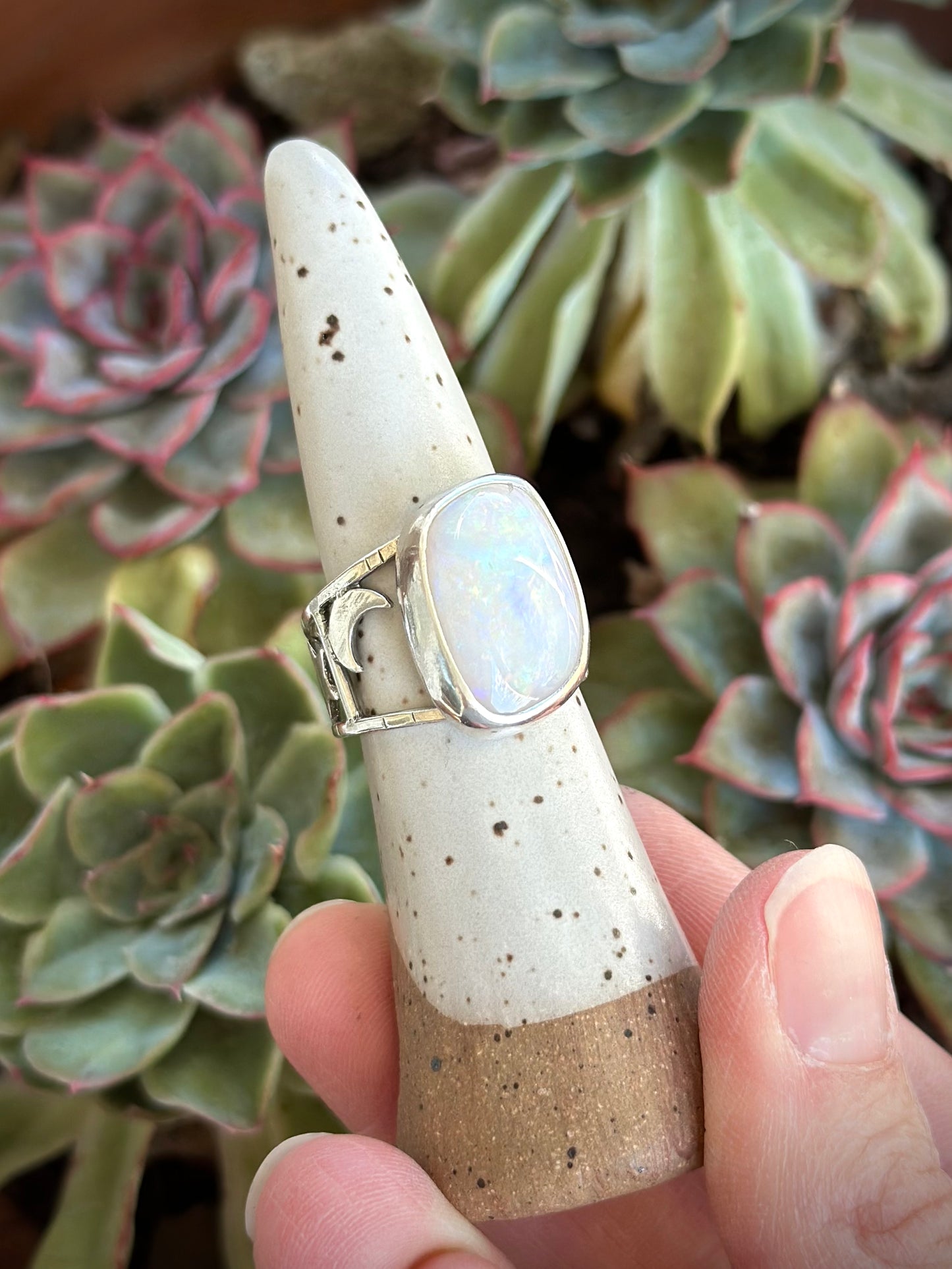 White Opal Moon and Stars Ring size 8.5