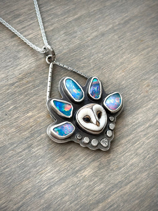 Opal Crowned Athena Laura Mears Owl Pendant in Purple + Blue