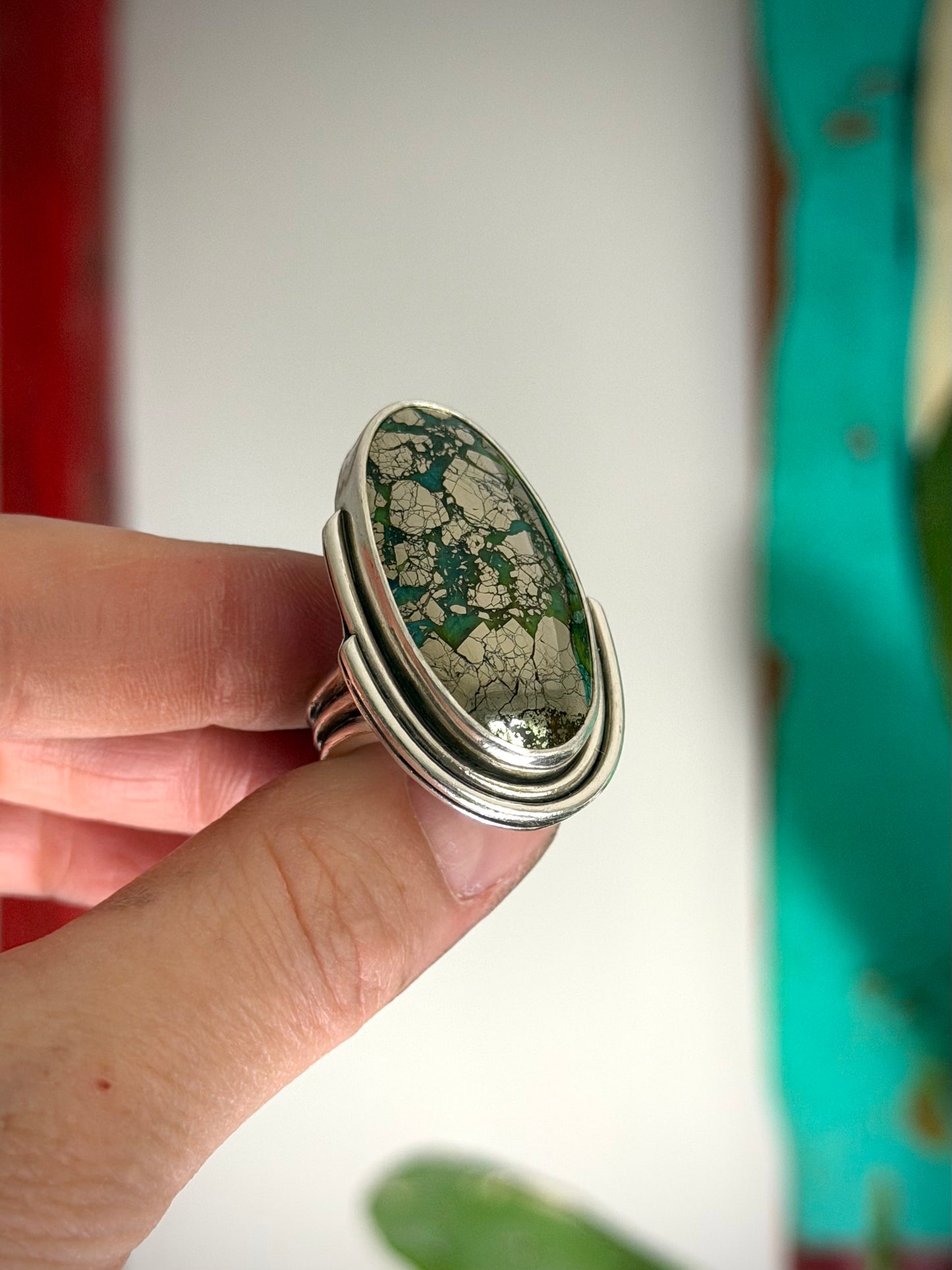 Big Morenci 2 Turquoise Art Deco Ring in Green and Blue with Golden Pyrite size 7.5