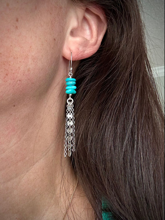 Sierra Nevada Turquoise Stack Earrings with Dark Silver Fringe v2