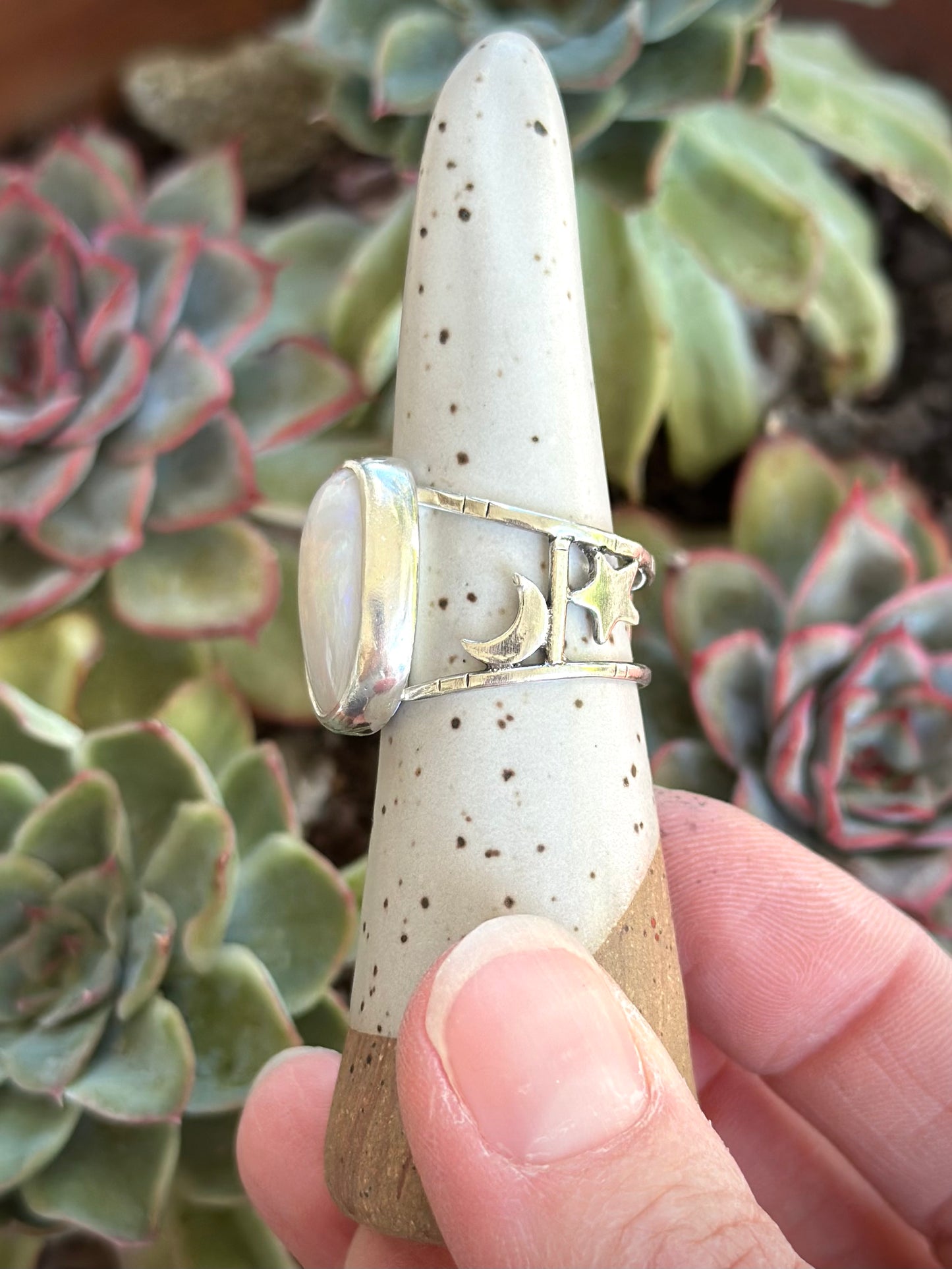 White Opal Moon and Stars Ring size 8.5