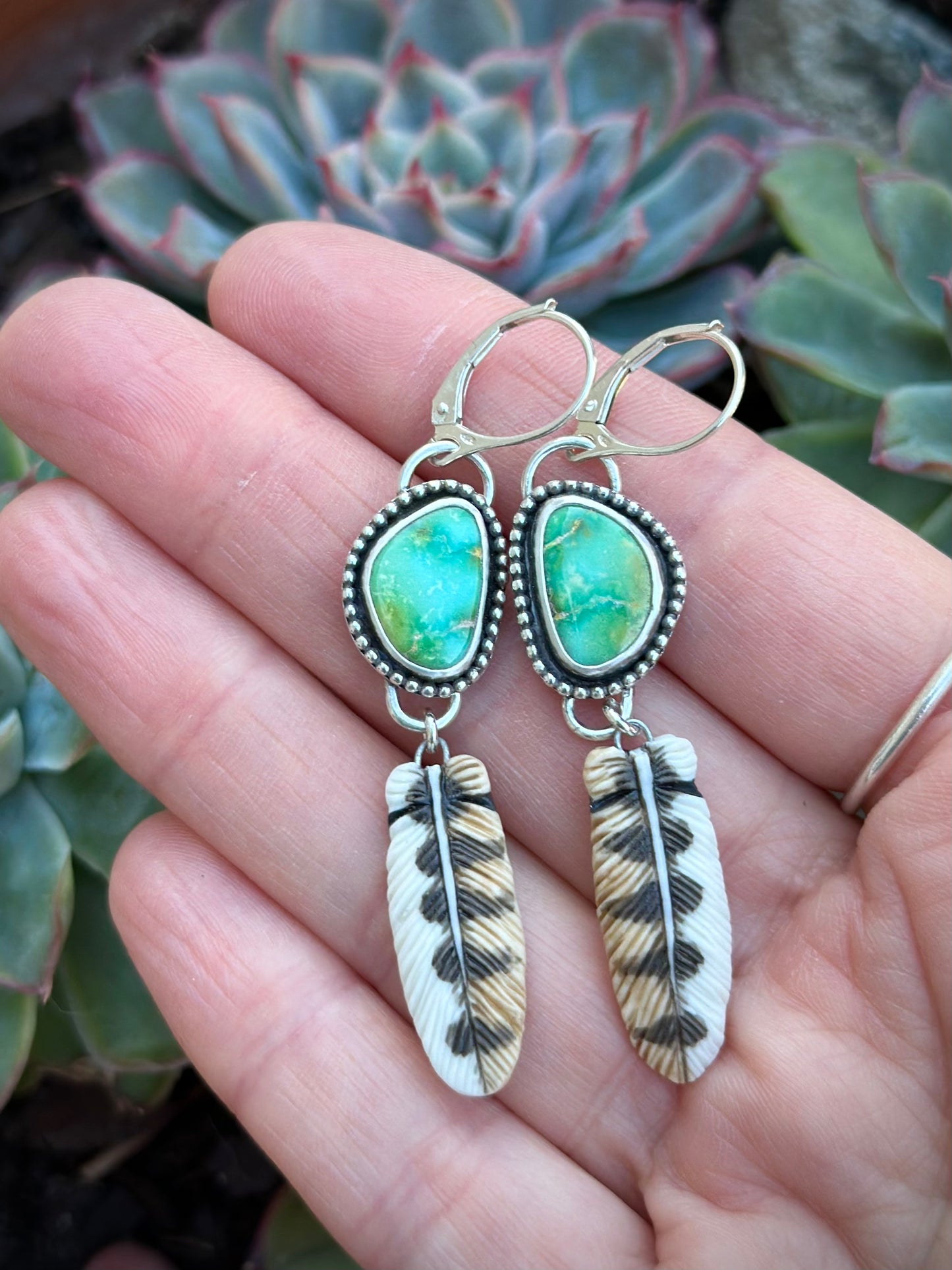 Emerald Valley Turquoise + Owl Feather Earrings