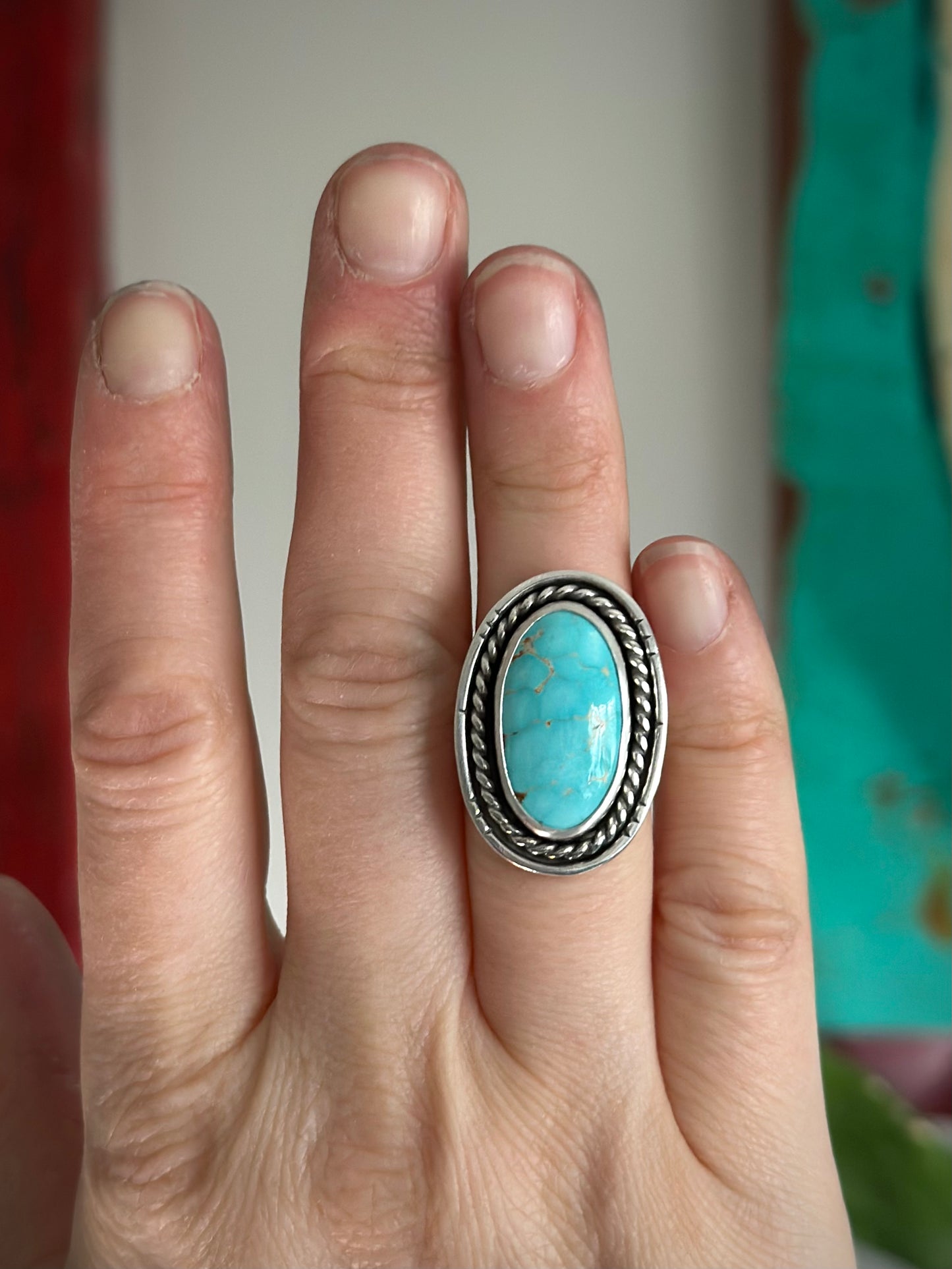 Natural Kingman Turquoise Twist Ring in size 6.75