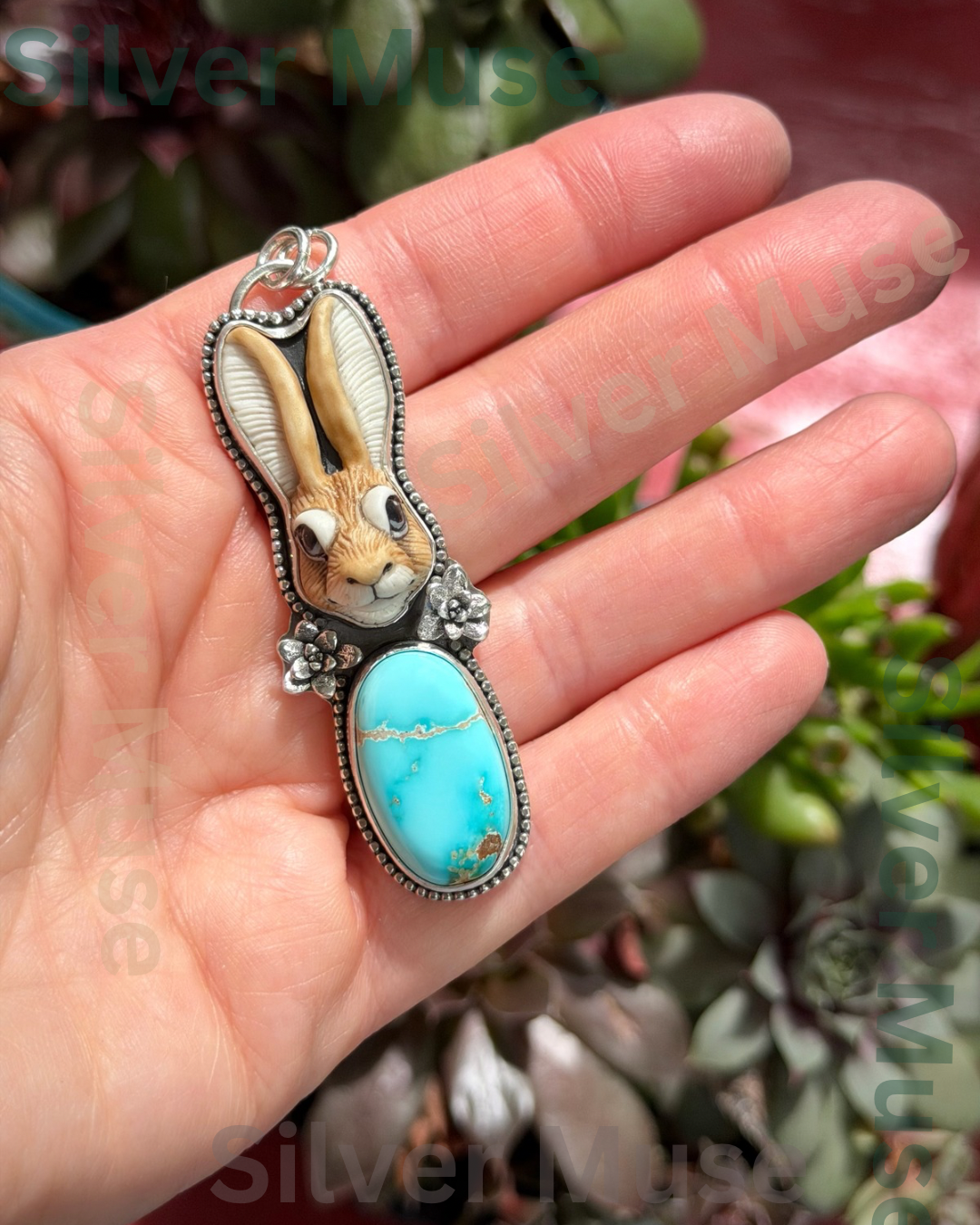 Laura Mears Rabbit Hare Pale Royston Turquoise Pendant with Succulents