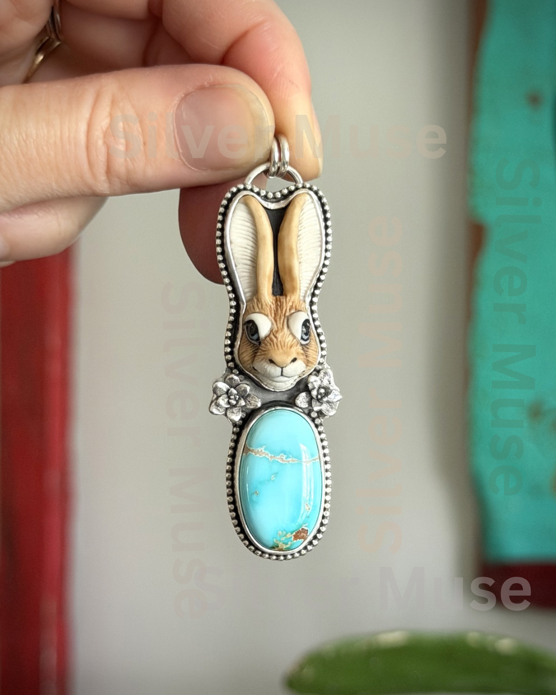 Laura Mears Rabbit Hare Pale Royston Turquoise Pendant with Succulents