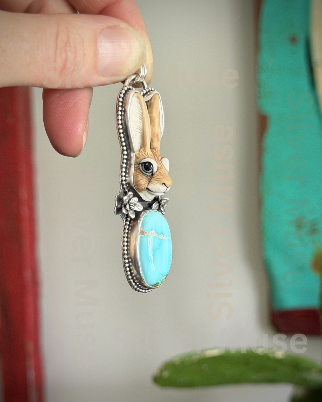 Laura Mears Rabbit Hare Pale Royston Turquoise Pendant with Succulents