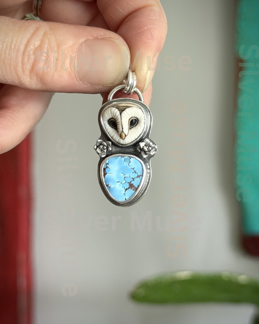 Laura Mears Owl Face High Grade Golden Hills Turquoise Pendant with Succulents