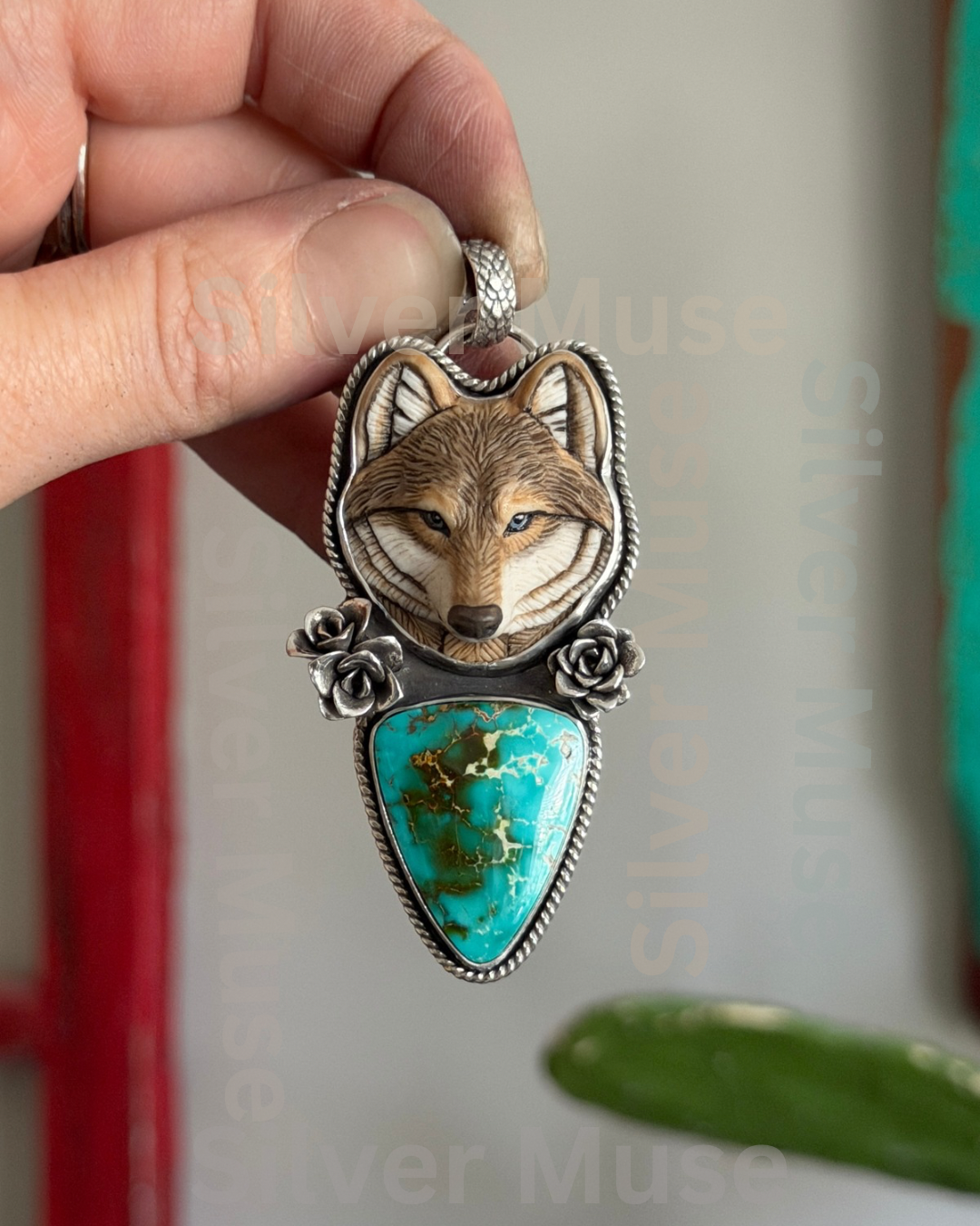 High Grade Royston Turquoise Laura Mears Wolf Pendant with Succulents