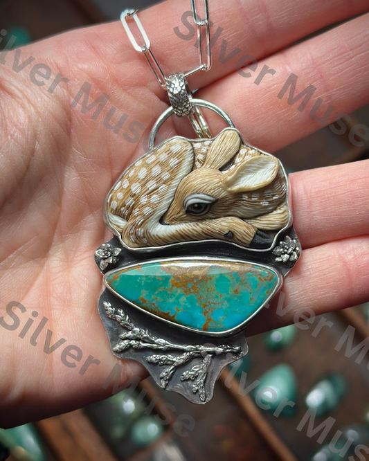 Laura Mears Fawn in the Forest Pendant Rising Phoenix Turquoise