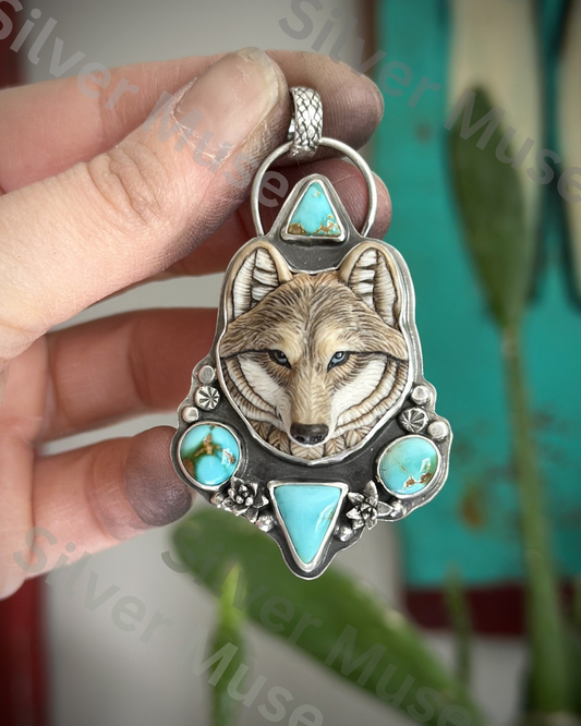 Natural Thunderbird Turquoise + Laura Mears Wolf Face Pendant with Succulents