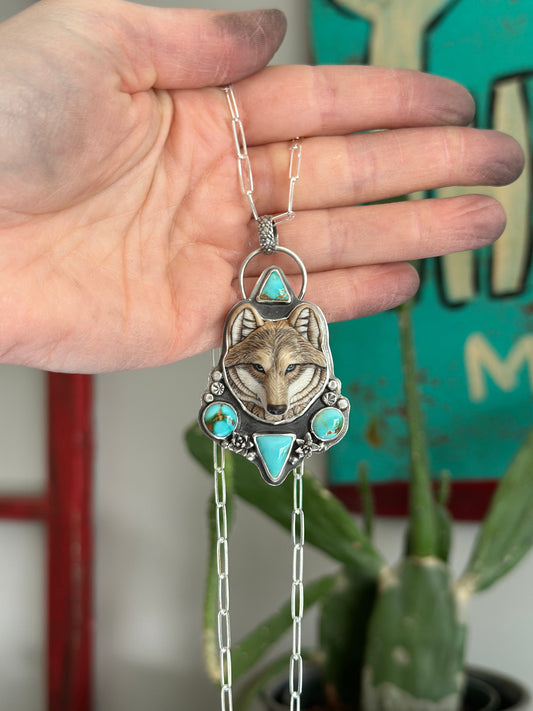 Natural Thunderbird Turquoise + Laura Mears Wolf Face Pendant with Succulents