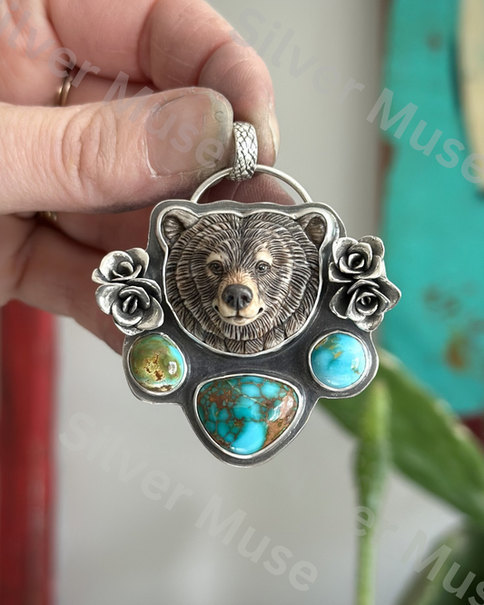 Natural Thunderbird Turquoise, Pilot Mountain Turquoise + Laura Mears Bear Face Pendant with Succulents