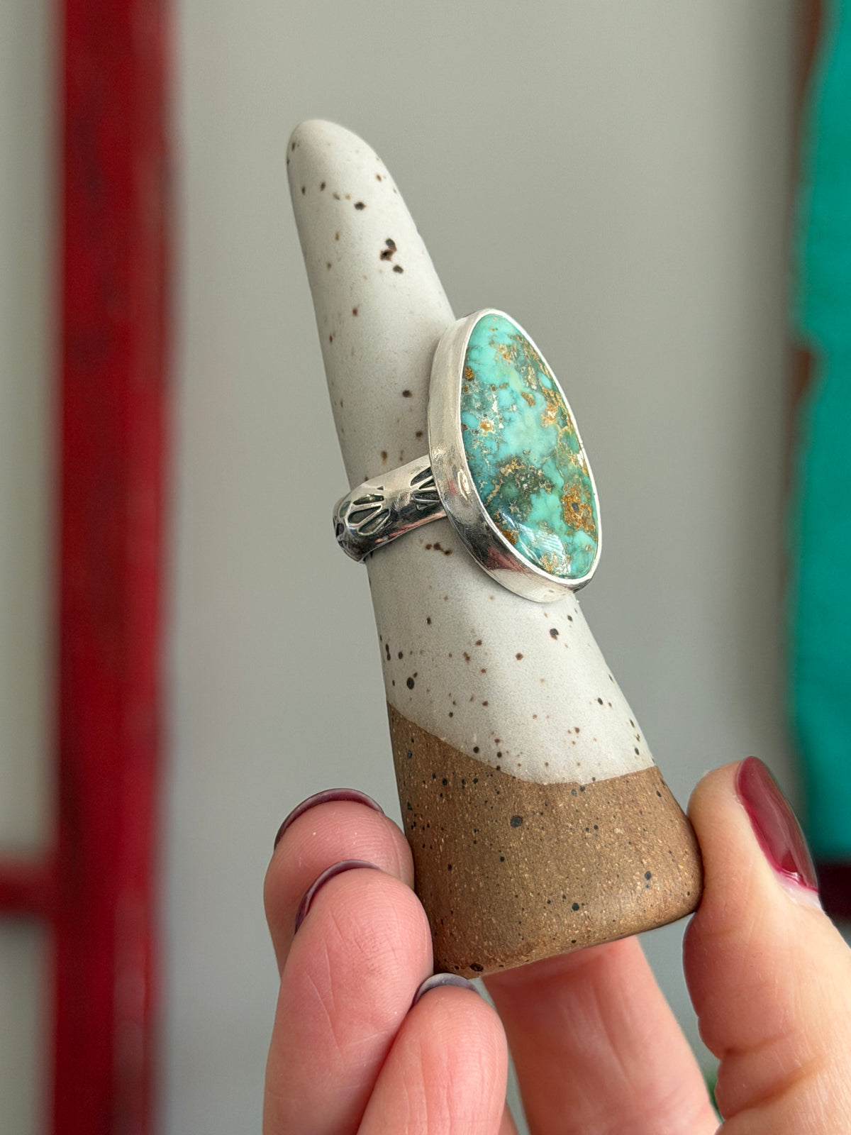 Fox Turquoise Ring size 7.5 STAMPED BAND