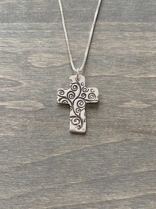 Swirly Cross Necklace in Fine Silver